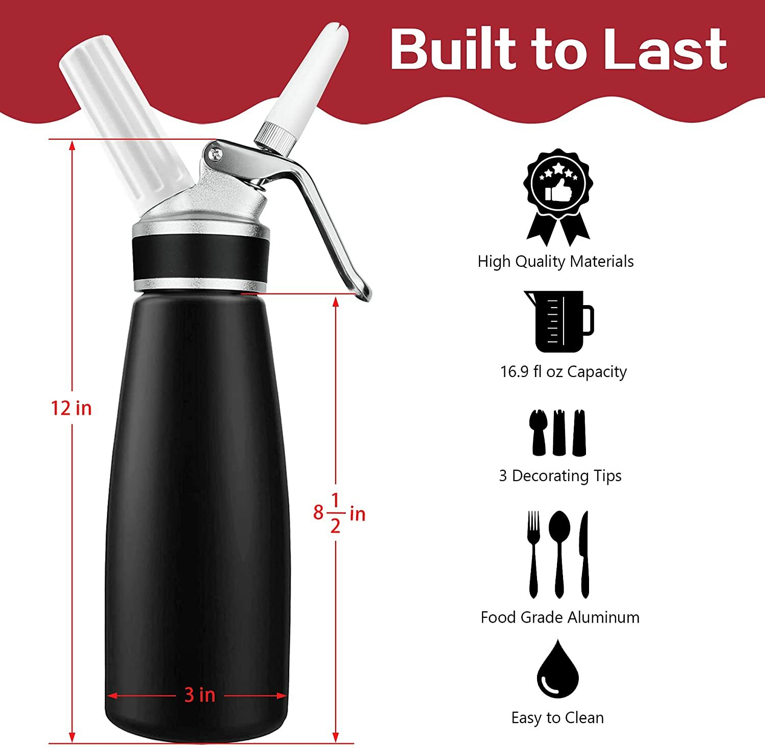 Whipped Cream Dispenser Durable Aluminum Foam Whipper 1 Pint 500ml Cream Maker