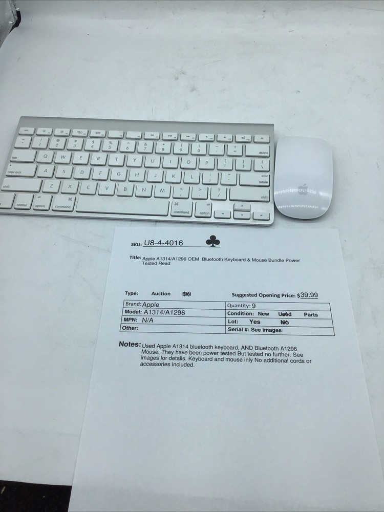 Apple A1314/A1296 OEM Bluetooth Keyboard & Mouse Bundle Power Tested Read