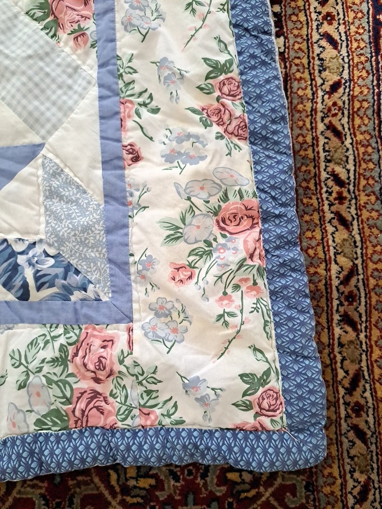 Handmade Star & Floral Pattern Blue Patchwork Quilt
