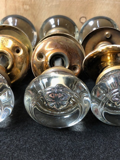 Antique Glass Rosette Door Knobs w/ Brass Hardware - 5 sets