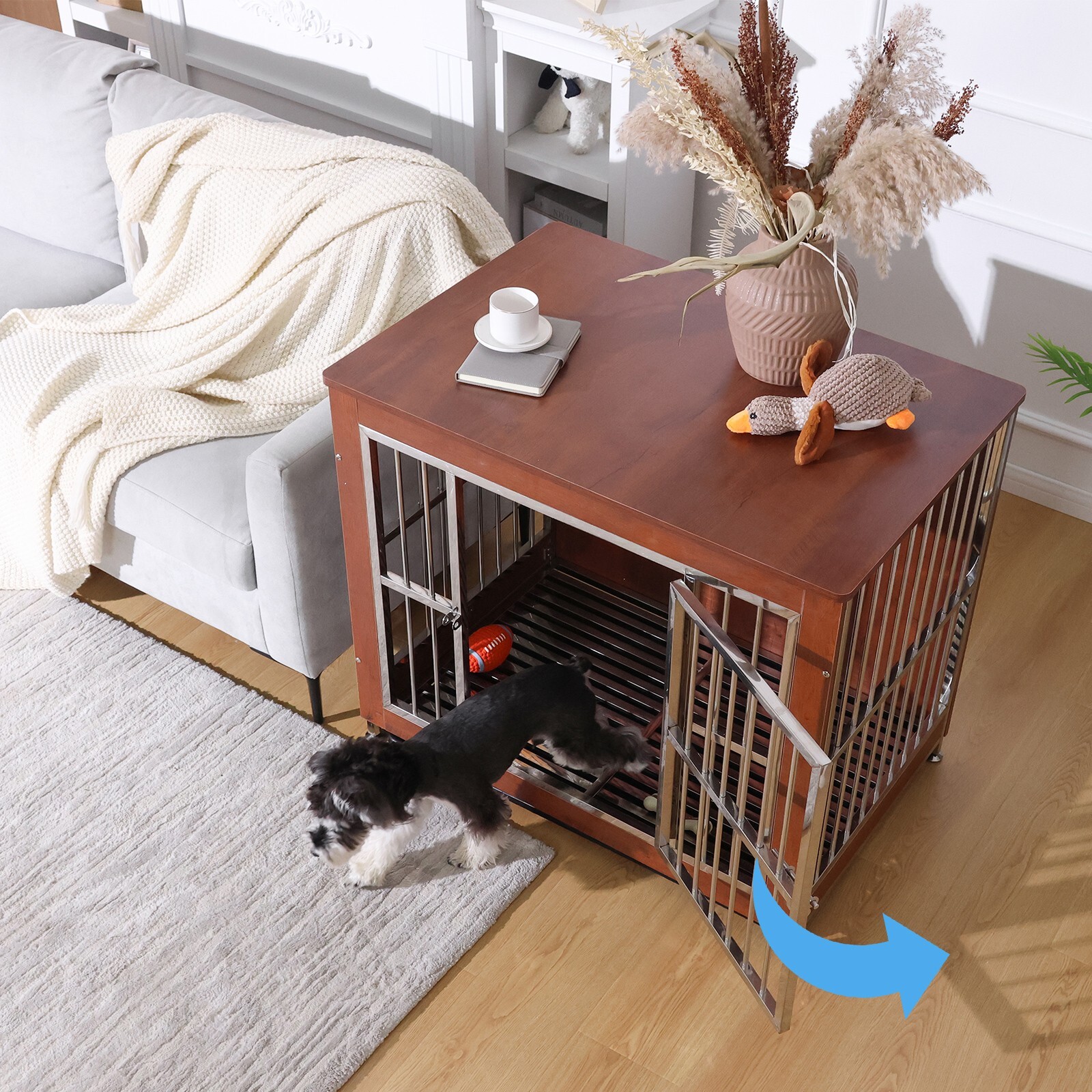 38" Wooden Dog Cage Heavy Duty Pet Crate Kennel Metal Cage End Table Furniture