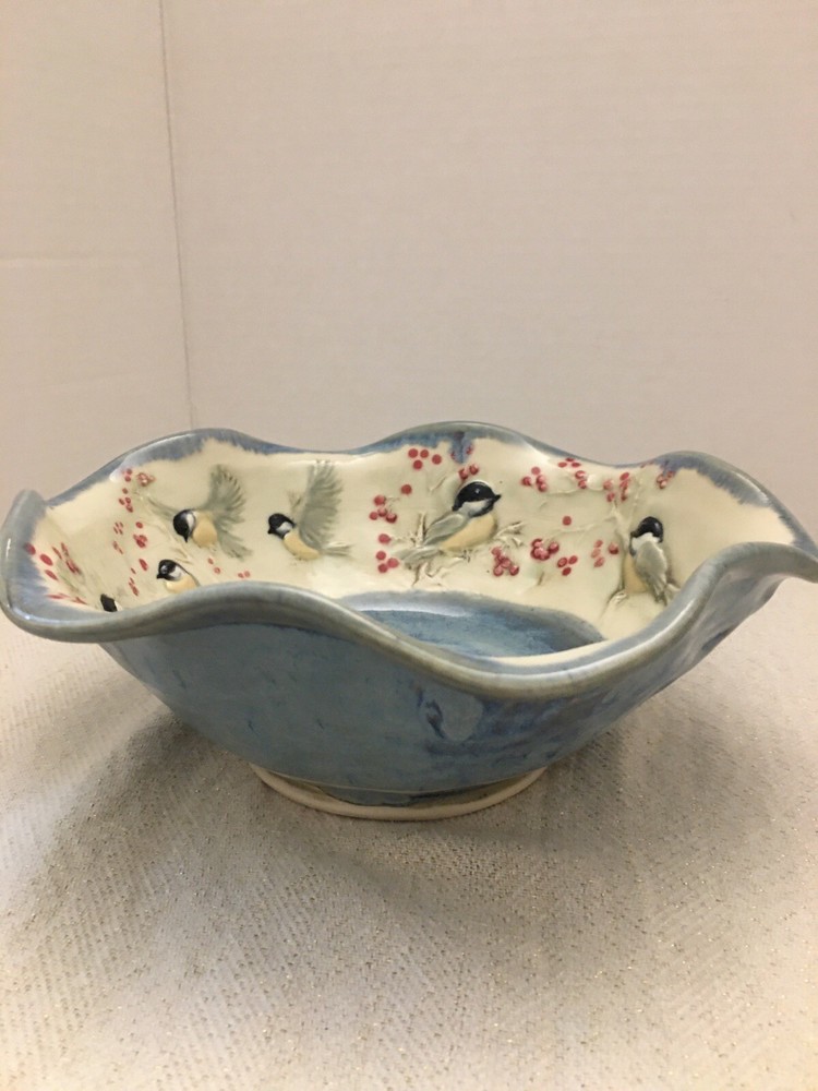 Jen Stein Art Pottery Bowl Decor Piece Chickadee Pattern
