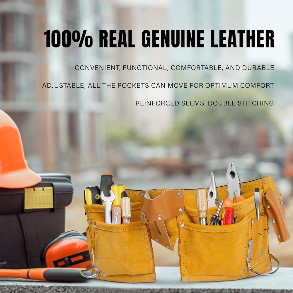 11 Pocket Leather Tool Belt – Carpenter Construction Pouch w/ Quick Release Buck