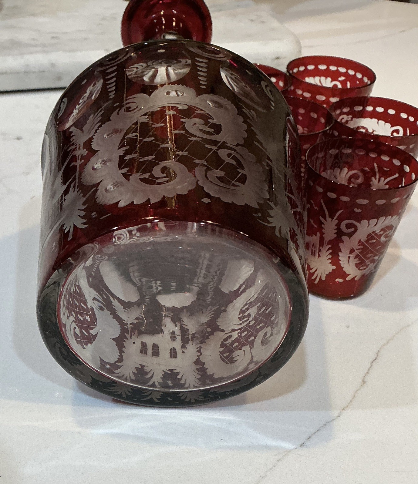 6PC EGERMANN CUT TO CLEAR RUBY WHISKEY DECANTER SET NO STOPPER- PRISTINE