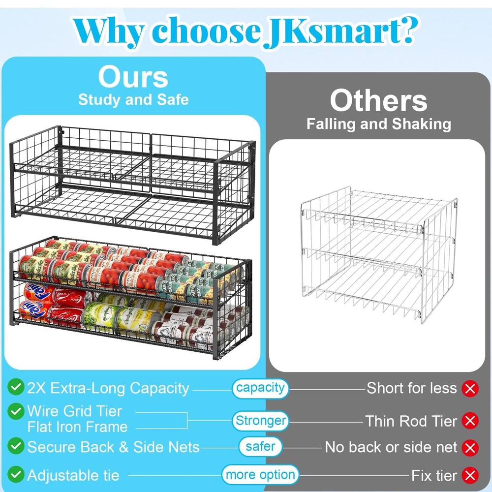 2Tier Stackable Can Rack Organizer for Pantry Shelf, LongSize Adjustable Can ...