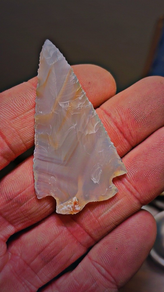 Flintknapped Laced Agate Unique Corner Notch Arrowhead, Extremely Beautiful