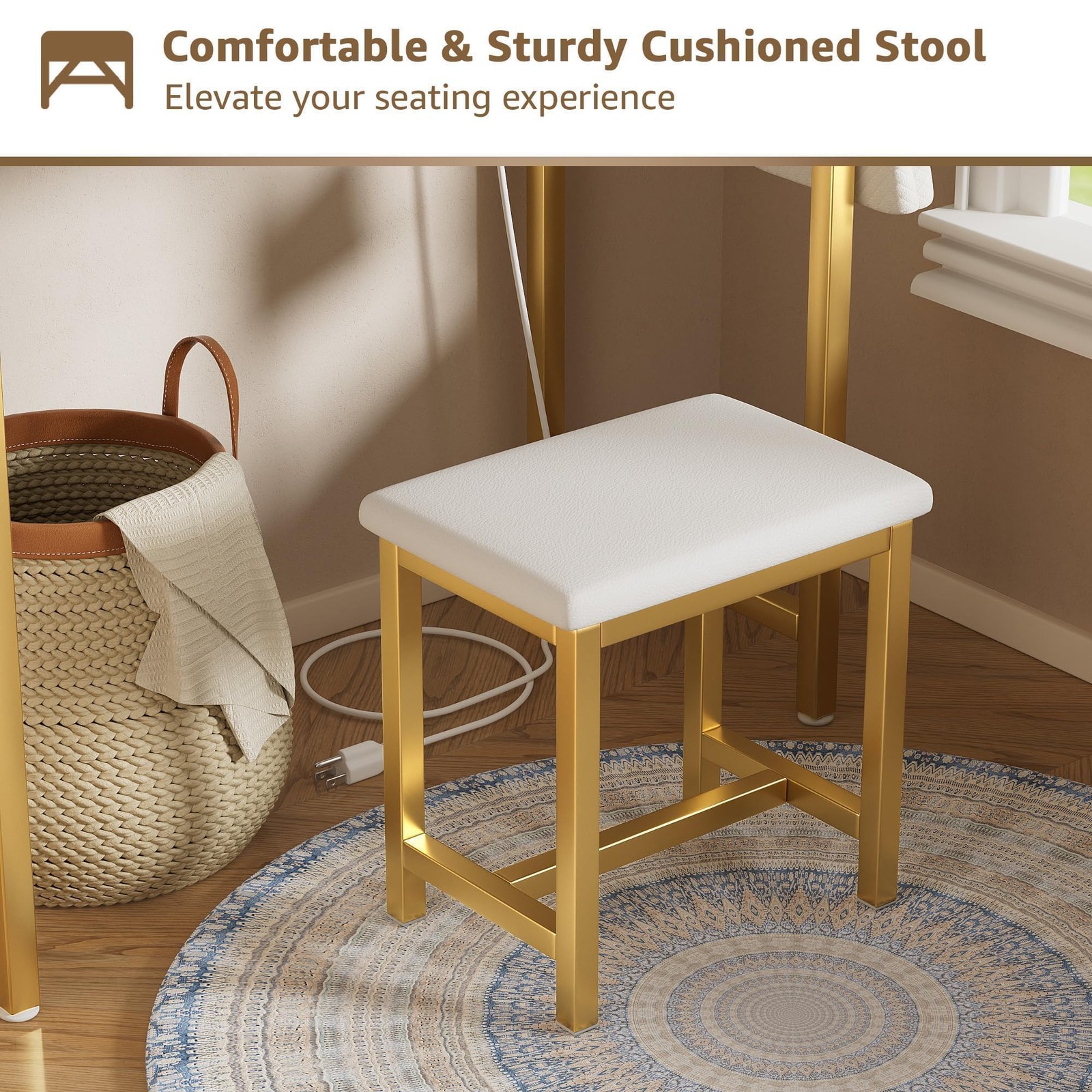 40" Tocador Blanco Dorado Mesa De Maquillaje Con Silla Espejo y Luces Para Mujer