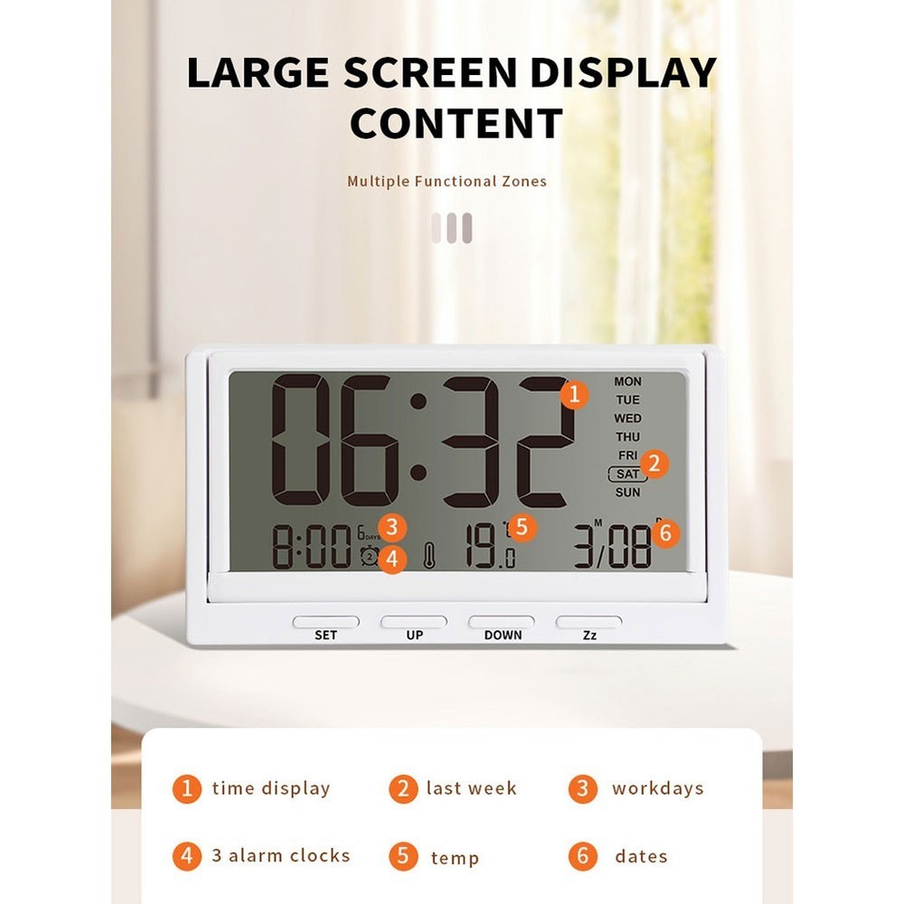 Desktop Electronic Alarm Clock with Transparent Display Temperature Date Week