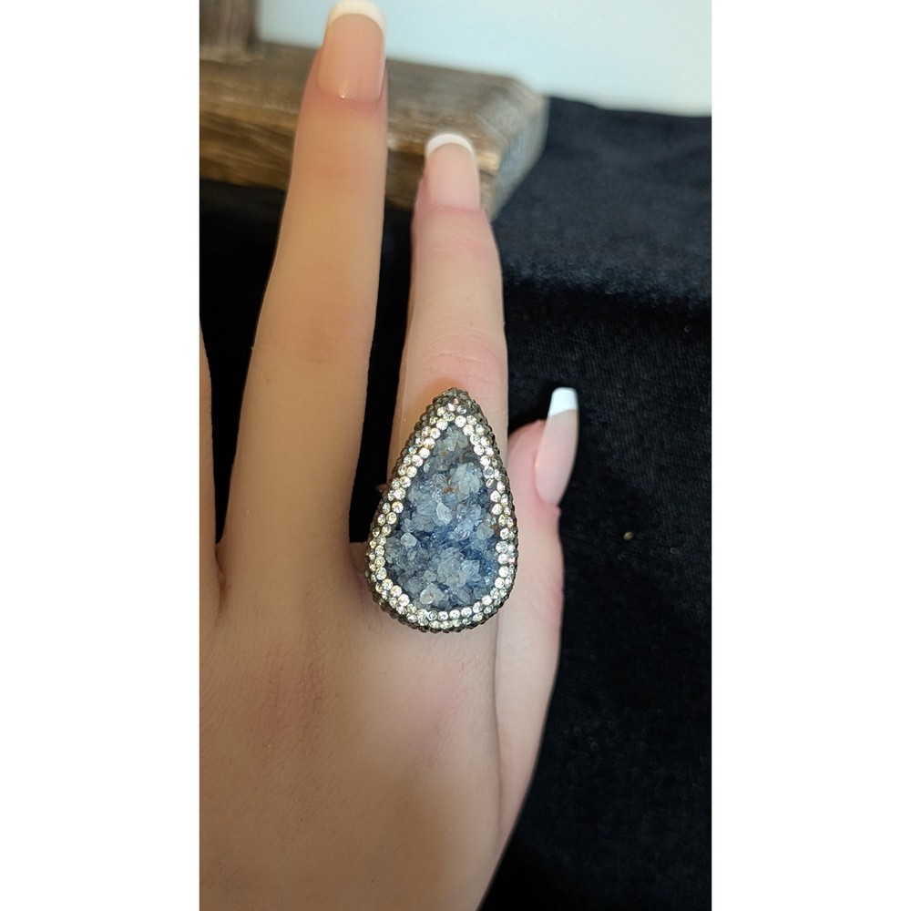 Druzy Marcasite Cubic Zirconia Sterling Split Shank Adjustable Statement Ring