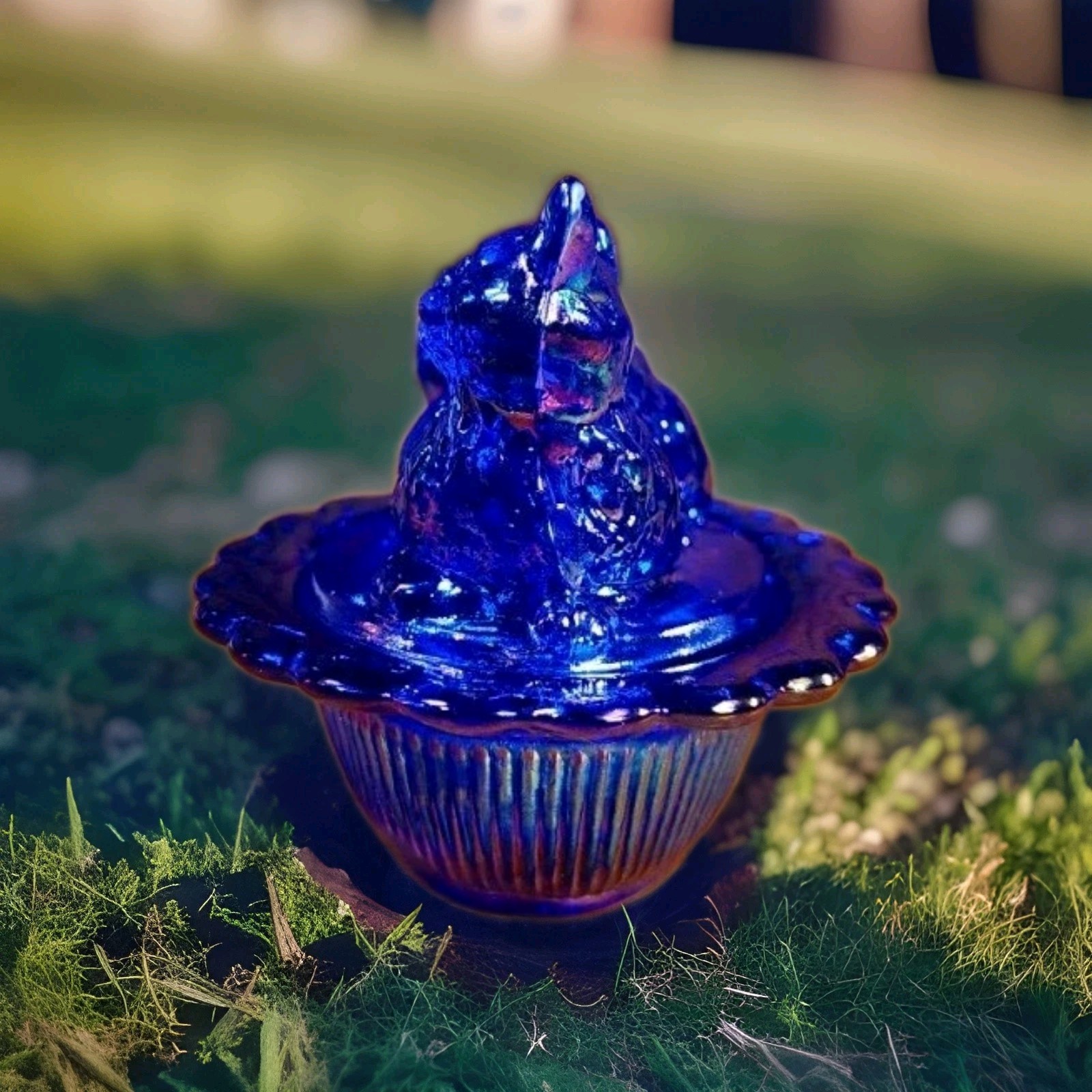 Mini Cat On Basket Cobalt Blue Carnival 2.75" x 2.25" Mosser Glass