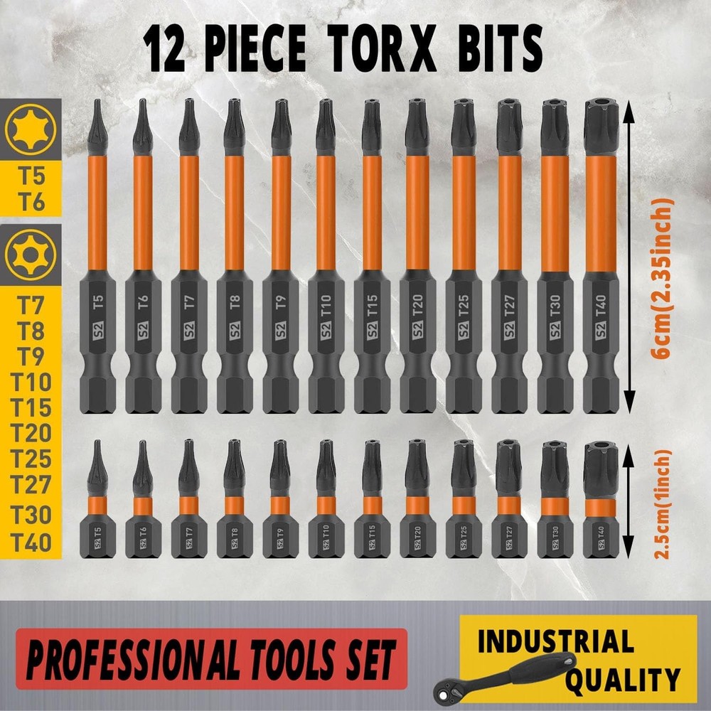12-Piece Tamper Resistant Torx Bits Set, 60mm Impact Driver Bit Set, Drill Hex B