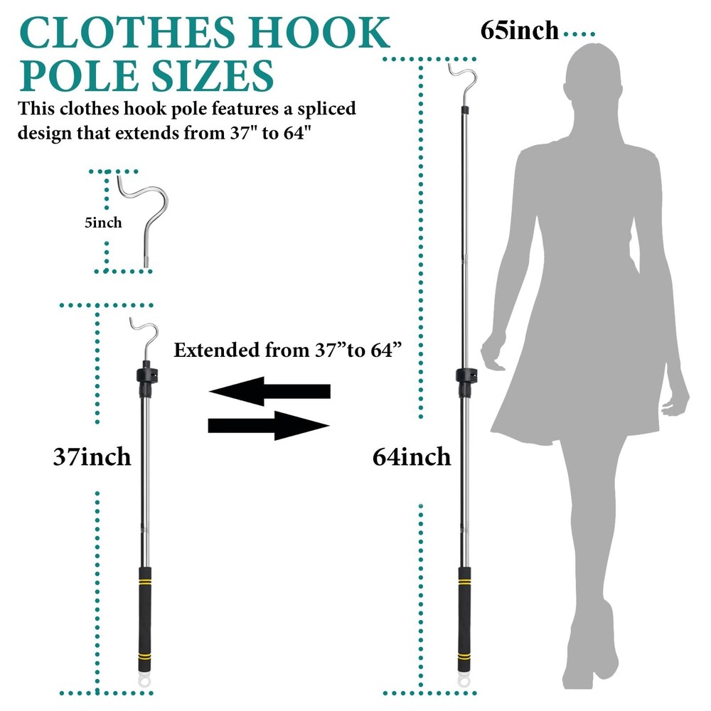 Clothes Hanger Reaching Hook Telescopic Adjustment clothes hook pole Light an...