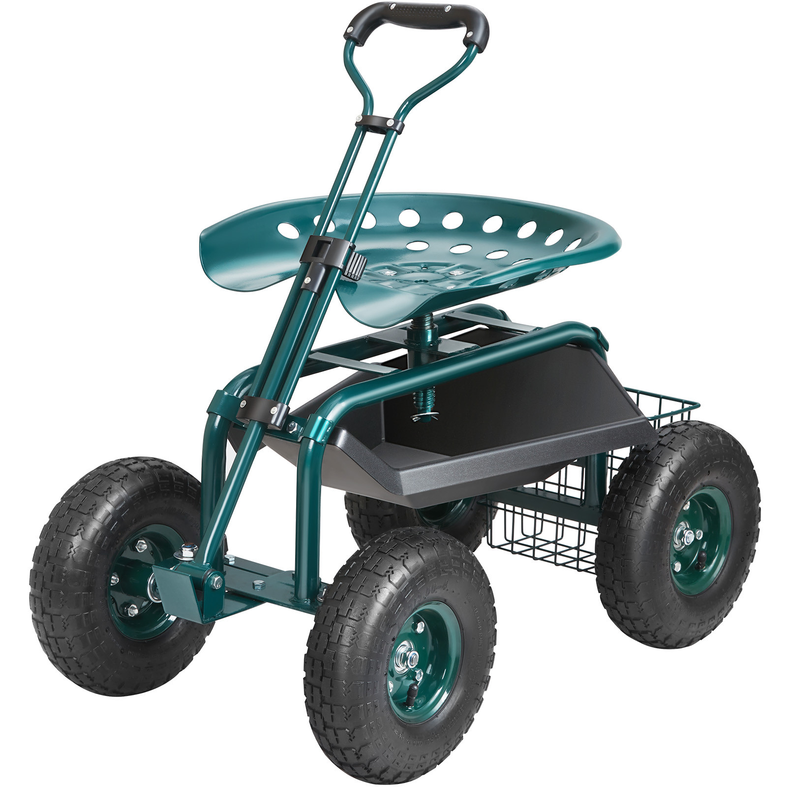 Rolling Garden Cart with Seat and Wheels Extendable Steer Handle Green