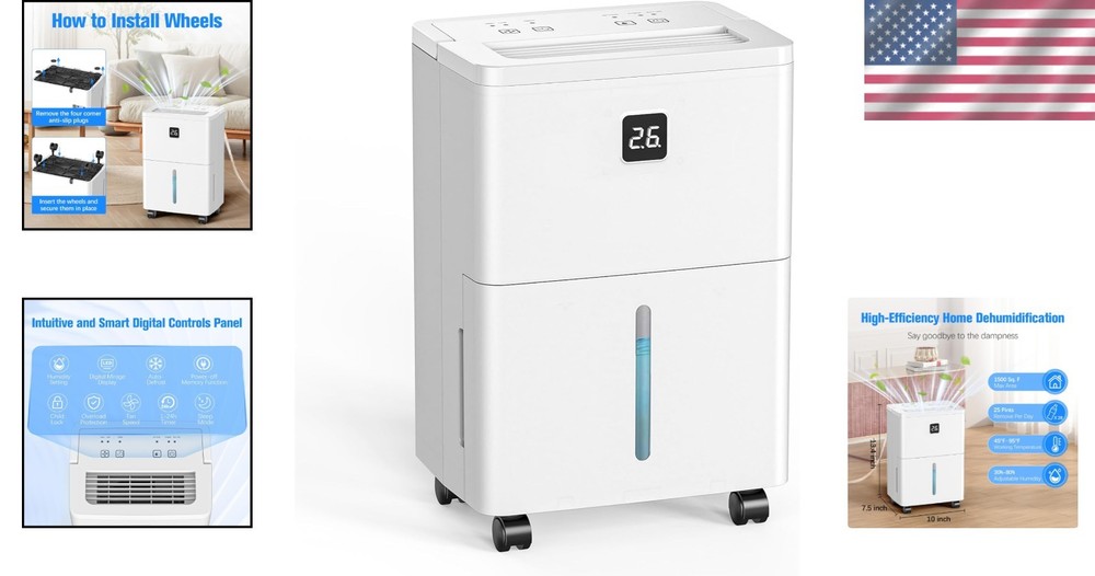 High-Capacity 25 Pints Dehumidifier - Dual Drainage, Automatic Defrost, Silent