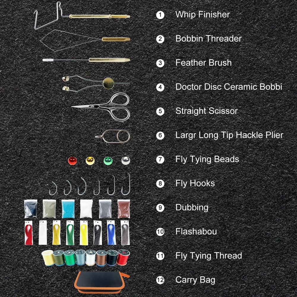 Fly Tying Kit Material Tools Kit Bobbin Fly Hooks Scissors Fly Beads Threader...