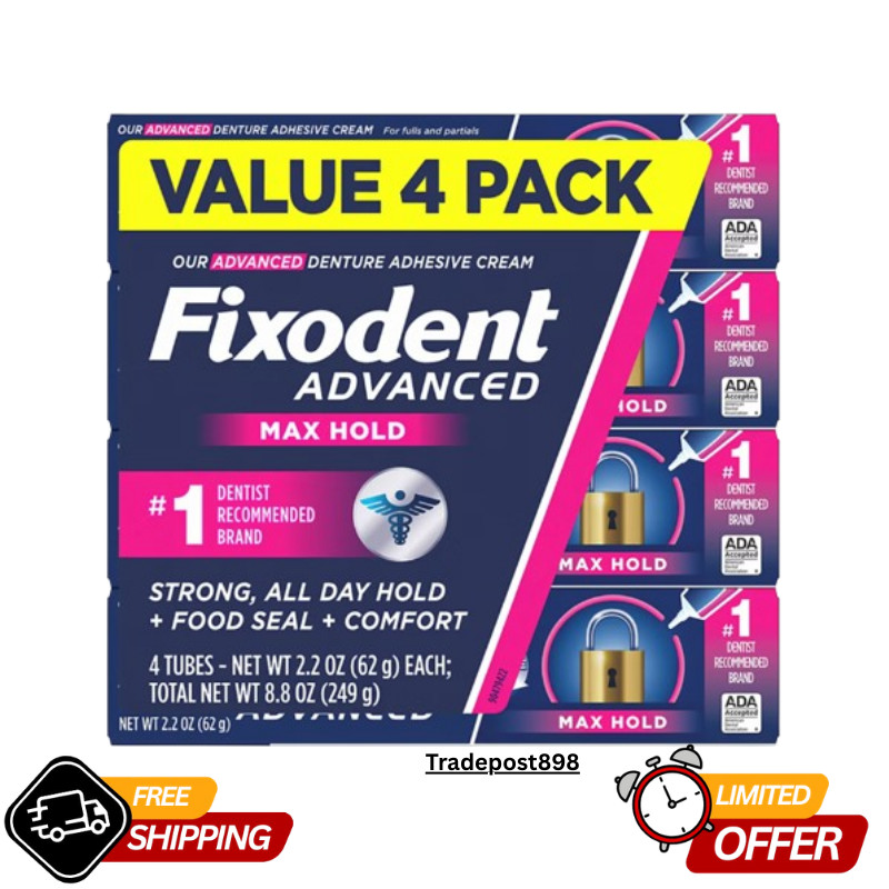 Fixodent Advanced Max Hold Denture Adhesive Extra Strength, 2.2 oz Each, 4 Pack