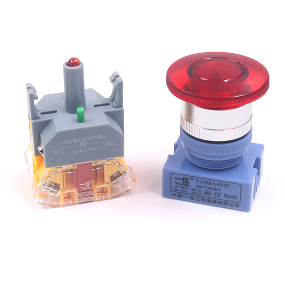 22mm Mushroom Head Switch Momentary Push Button Switch LED Illuminated Green Red