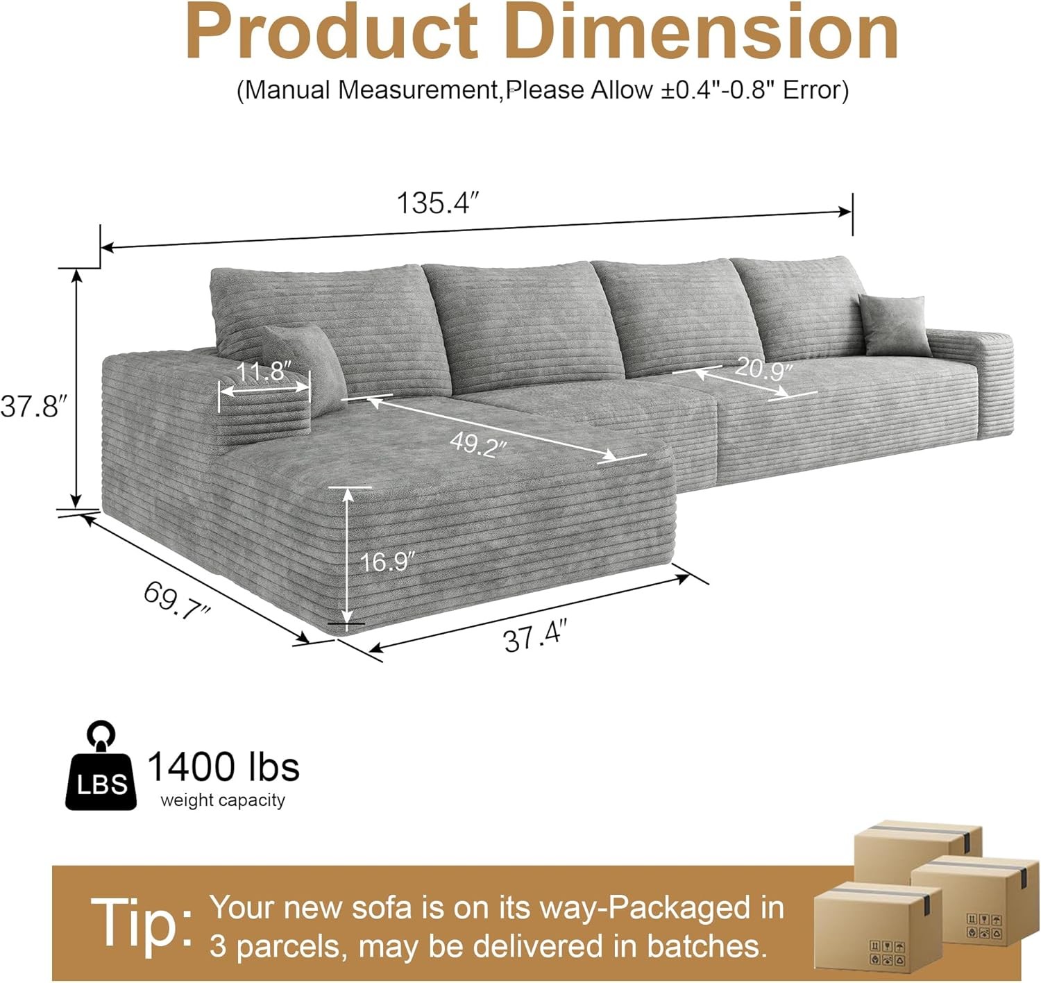 135" Corduroy Couch Sectional Sofa with Chaise L Shape Boneless Cloud Couches
