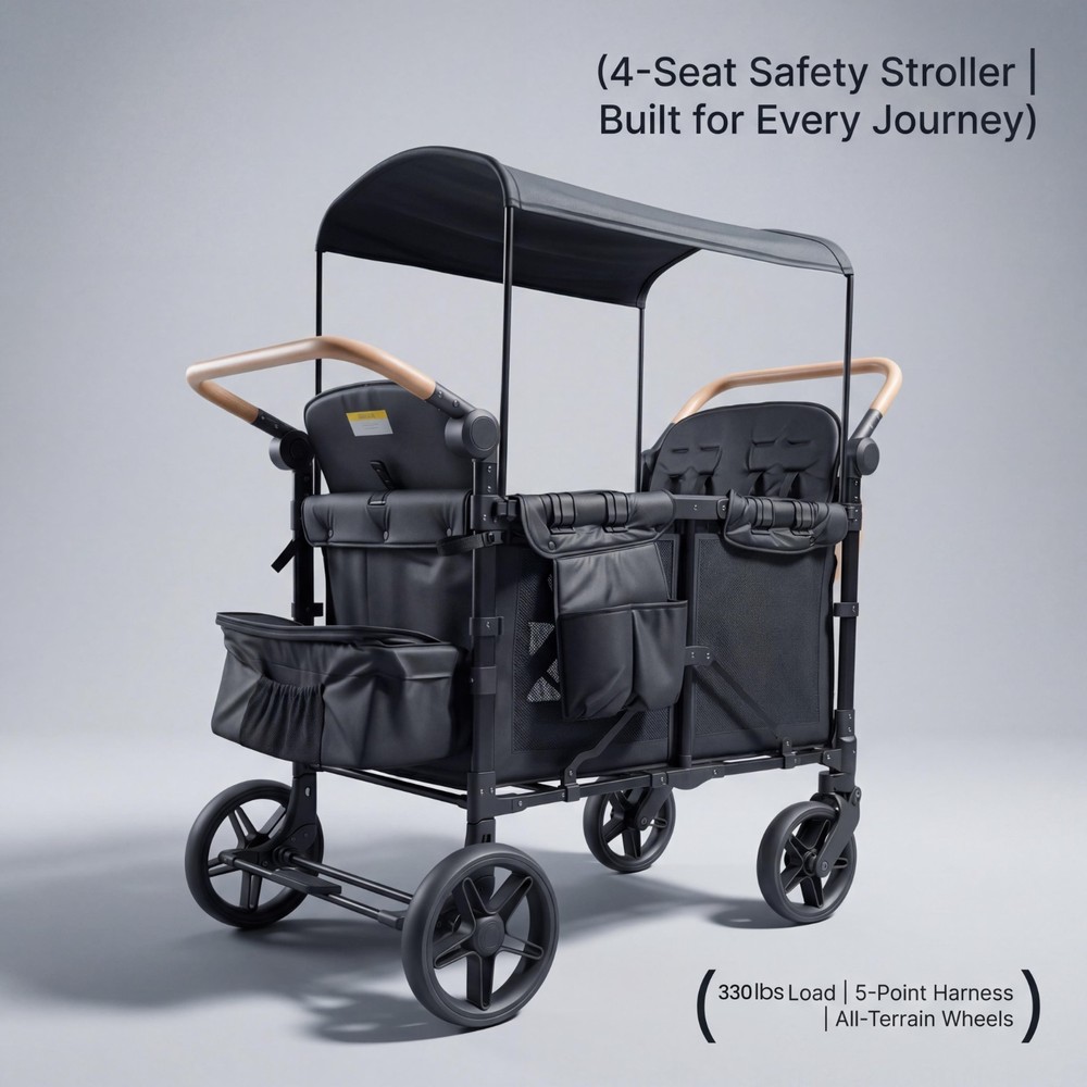 Wagon Stroller 4 Kids Push Pull Quad Collapsible Stroller 330LBS Capacity