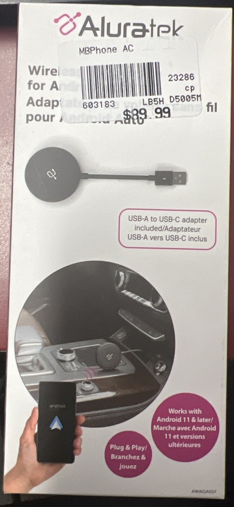 NEW Aluratek - Wireless car adapter for Android Auto - Black