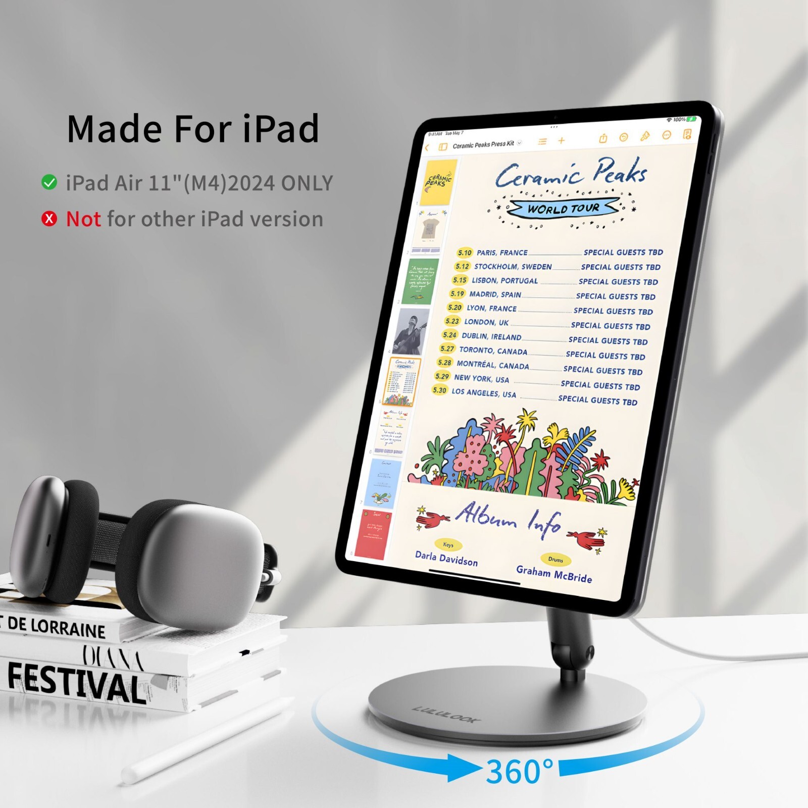 360 Rotating Foldable Magnetic Wireless Charging Stand For iPad Pro M4 13/12.9