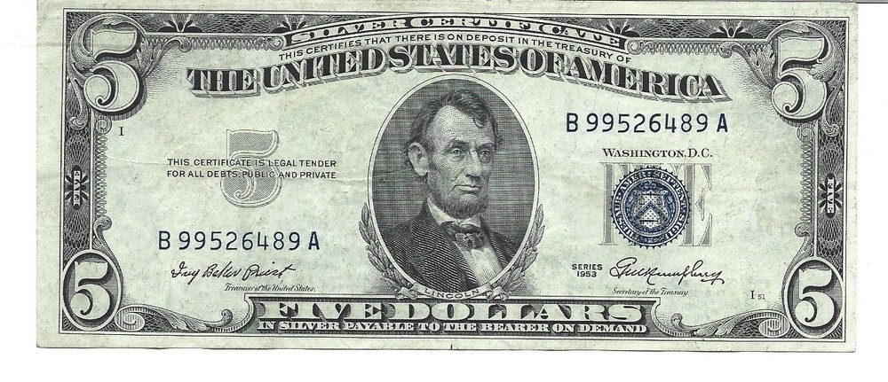 1953 $5 Silver Certificate B-A Block Fr. 1655 Circ. #6489