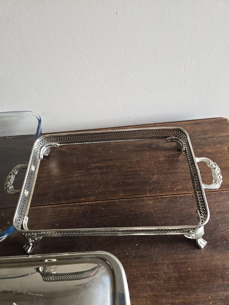 VTG Silver Plated Square Footed Buffet Casserole Dish Holder W/Lid & Glass Pan