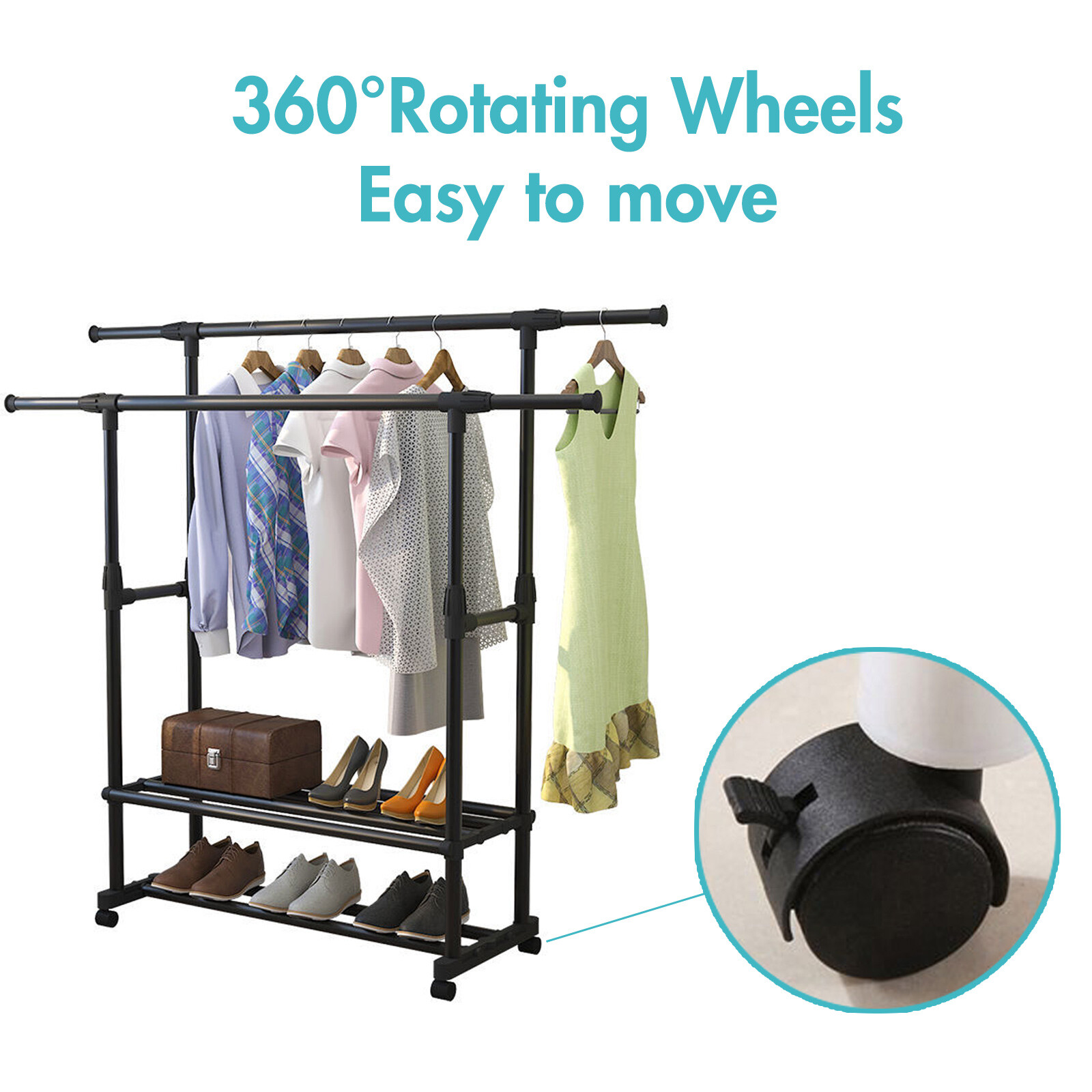 Heavy Duty Clothing Garment Rack Rolling Clothes Organizer Double Rails Hanging