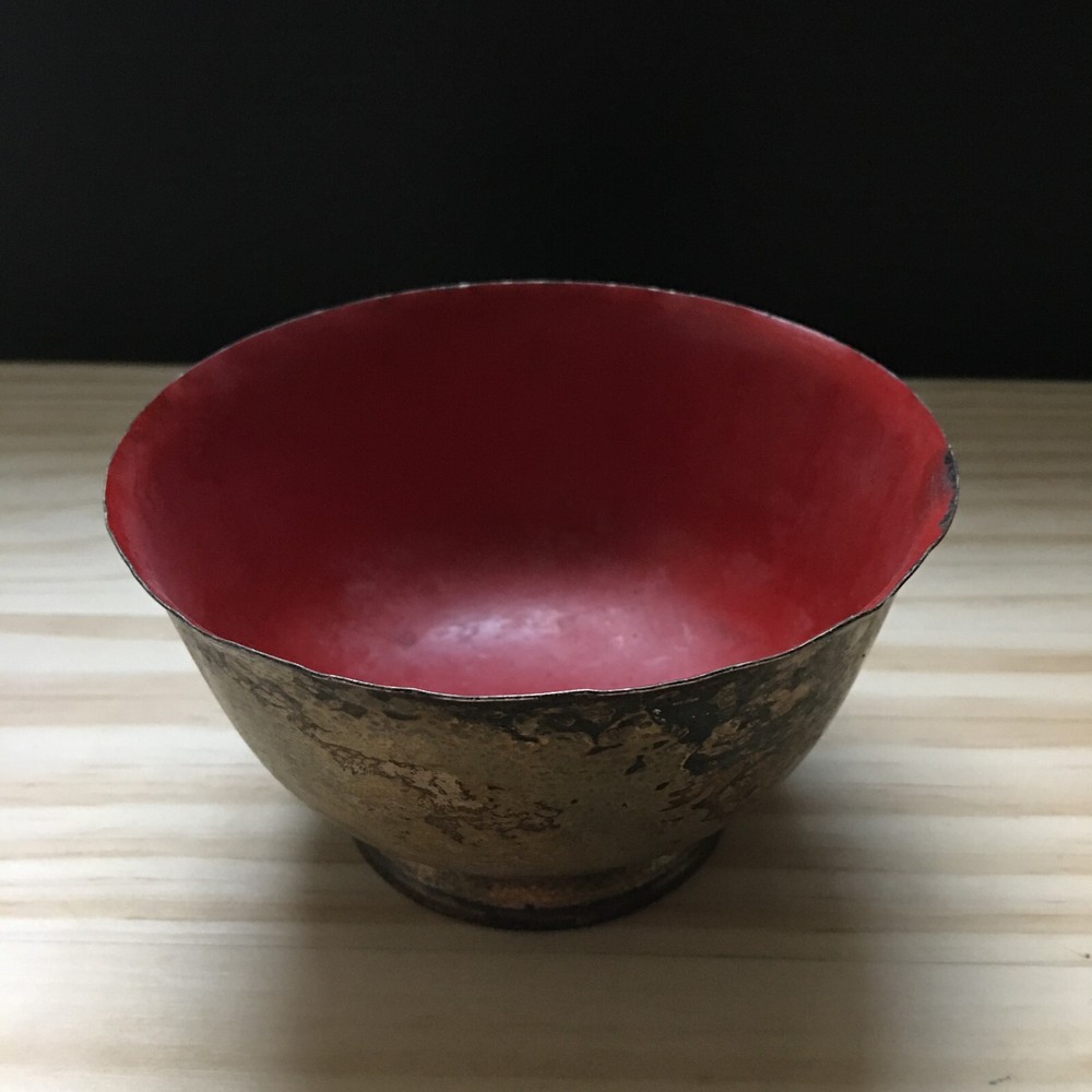 Vintage 1980s Silver Plated Small Bowl 5"D x3"H w/ Red enameled inside Tarnished