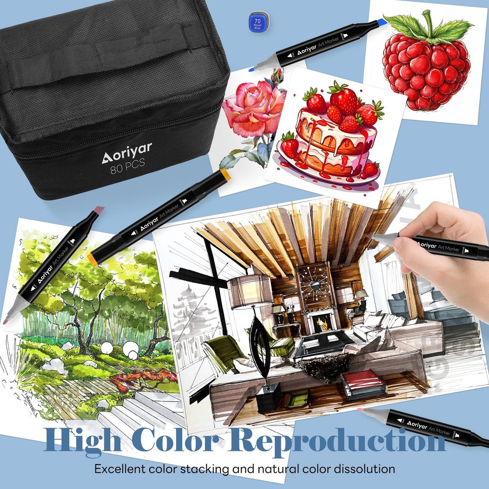 80 Colors Alcohol Based Double Sided Marker Set with Brush Tip and Chisel Tip...