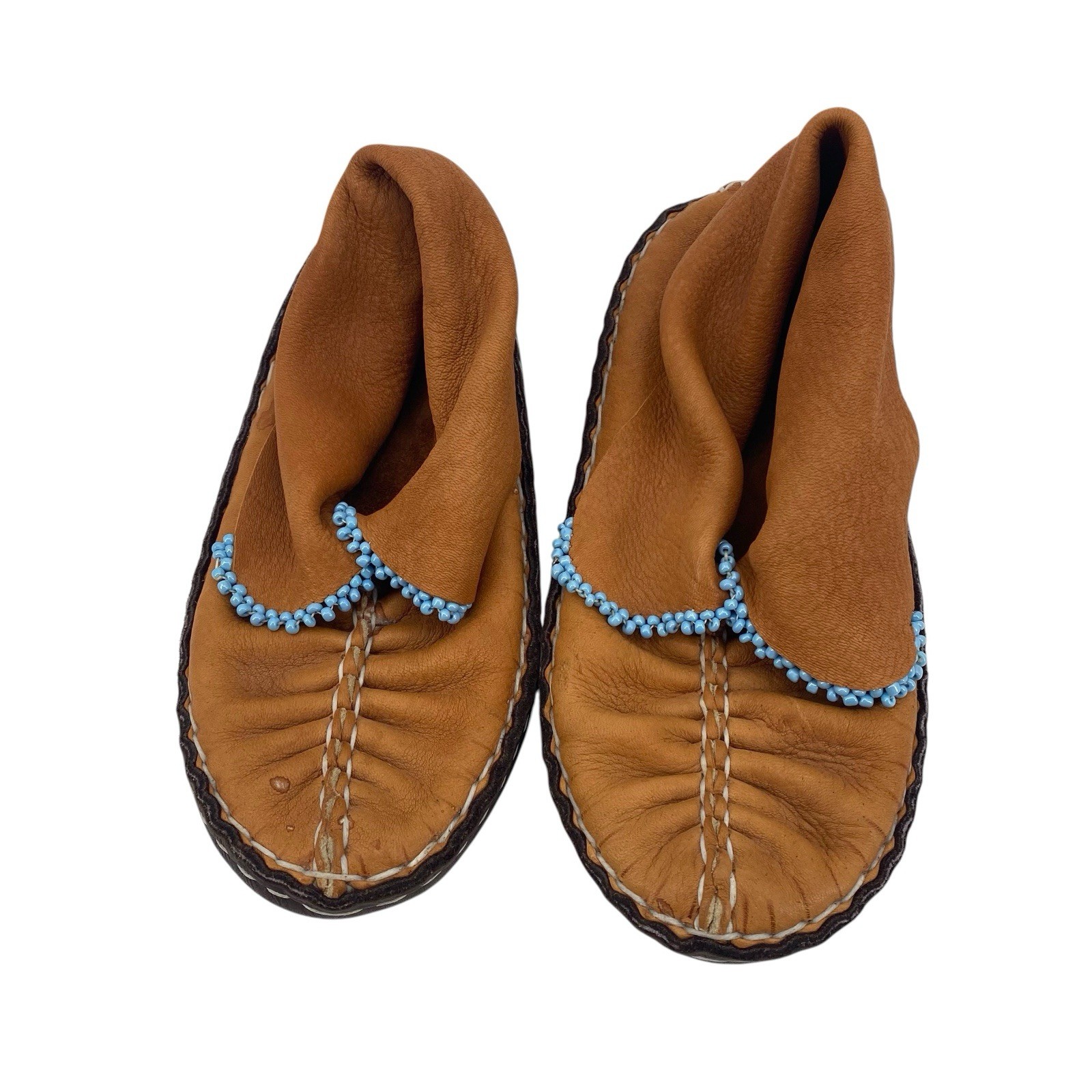 Brown Leather Handmade Center Seam Moccasins Native American Adult Beadwork