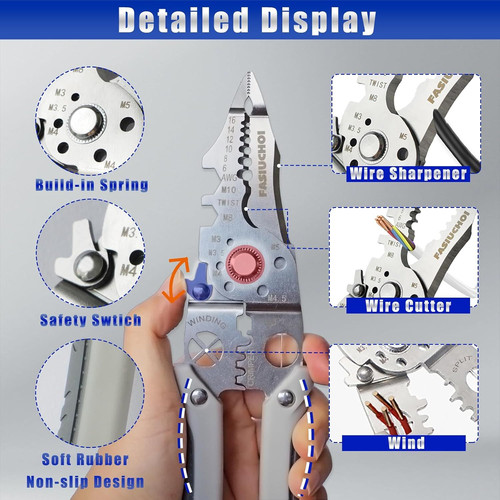 Multi-function Wire Stripper Tool Electrical, 9-in-1 Cutter & Grey