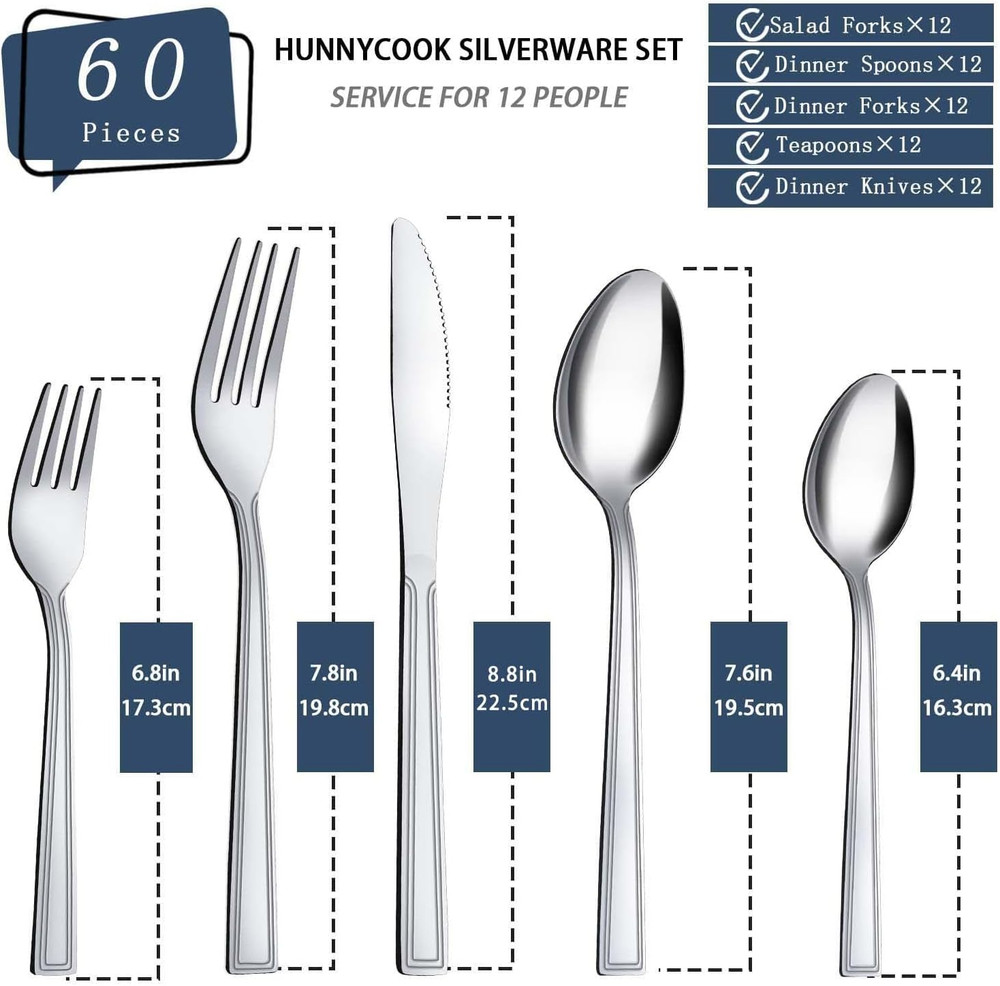 60-Piece Silverware Set for 12 - Stainless Steel Silverware Set, Include Spoo...