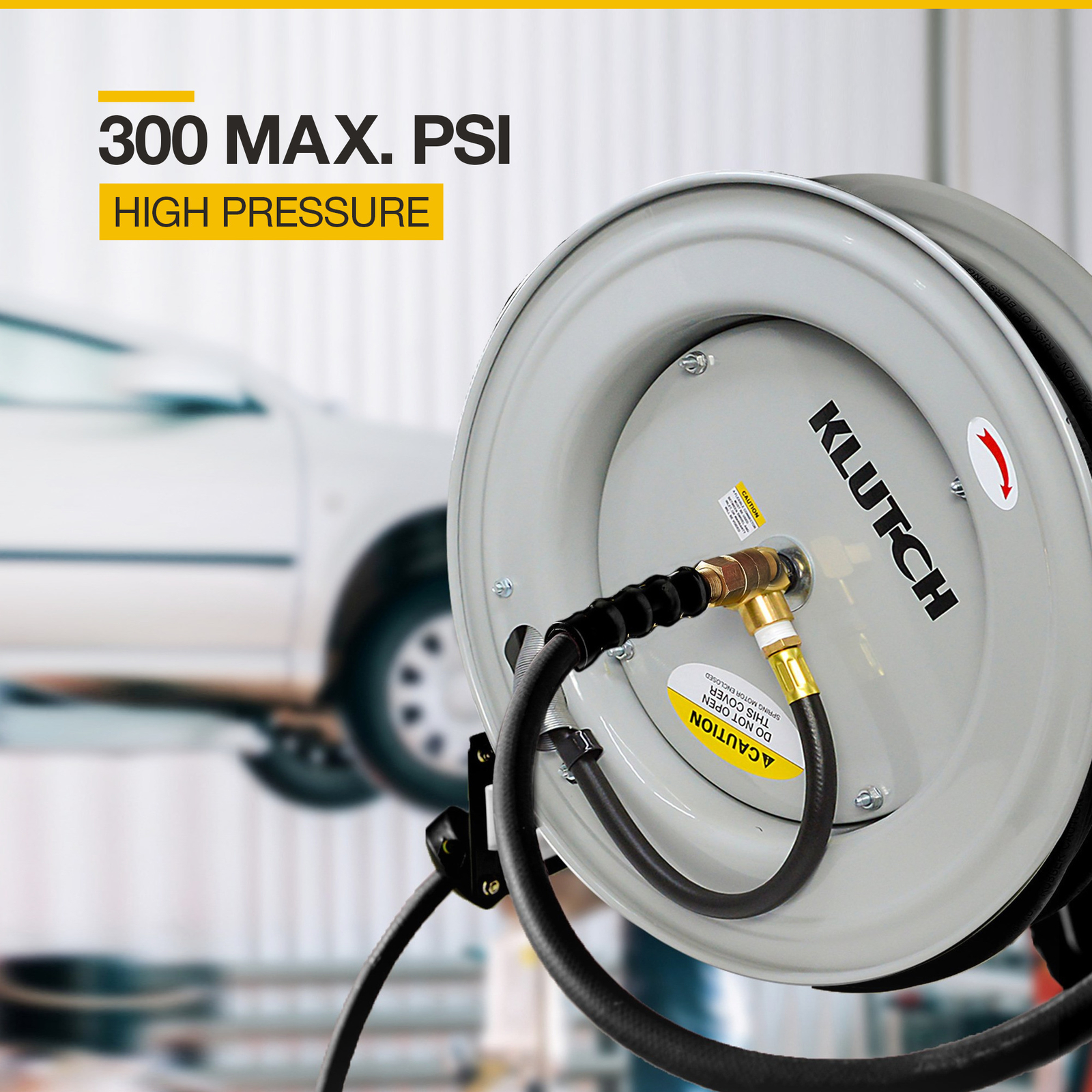 Klutch Auto Rewind Air Hose Reel with 1/2in. x 50ft. Rubber Hose, 300 PSI