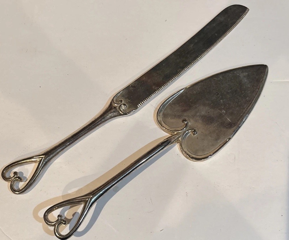 Studio His & Hers Cake Server & Knife Heart Metal Silver Plated Wedding