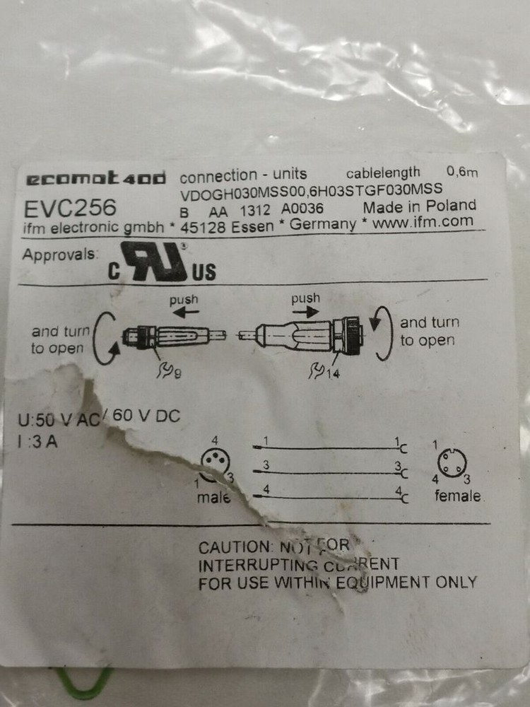 IFM Electronic Interconnect Cable EVC256 Sensor Actuator Cable 60V DC