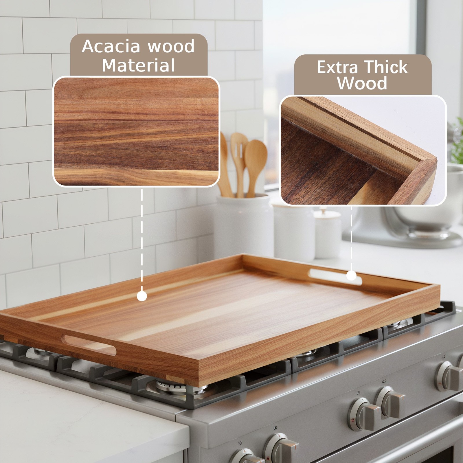 30"x22" Acacia Stove Cover Noodle Board w/ Juice Groove for Gas & Electric Stove