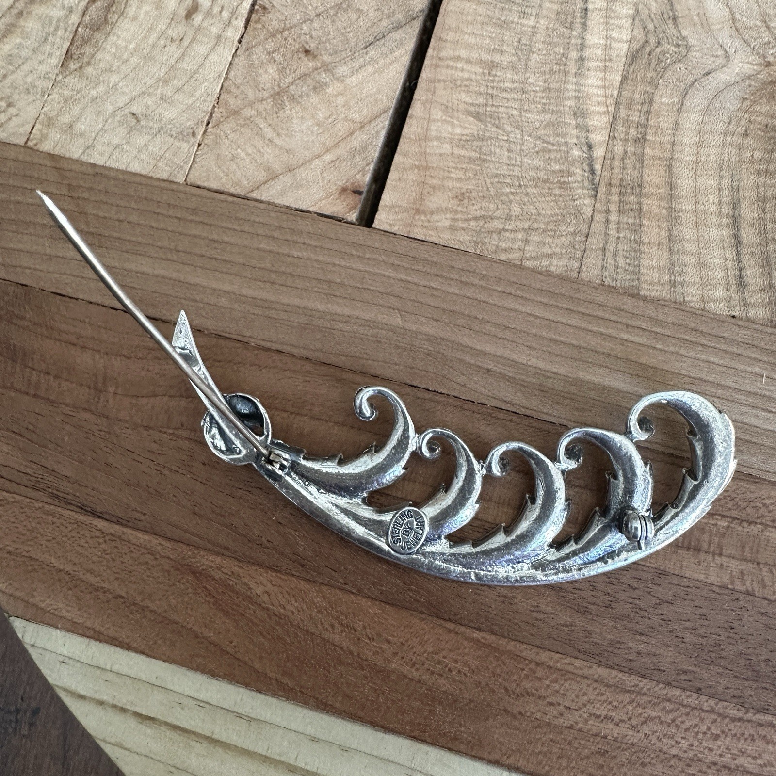 Vintage Sterling by Jewelart Pin Brooch 3 Inch Feather Scroll Signed MCM 12.6g