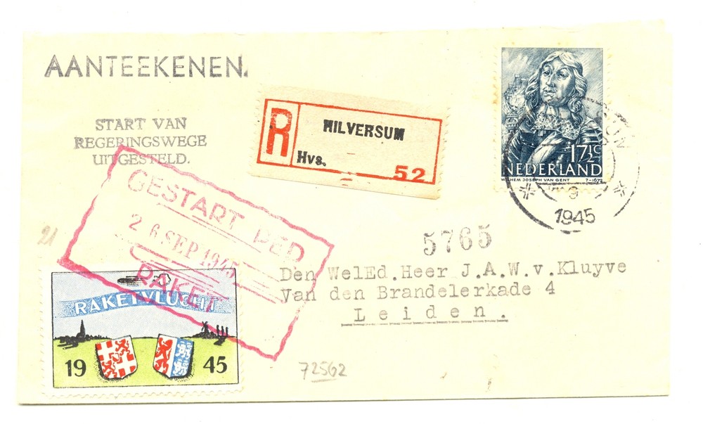 NETHERLANDS ROCKET MAIL 1945 CV. +LABEL REG. VF