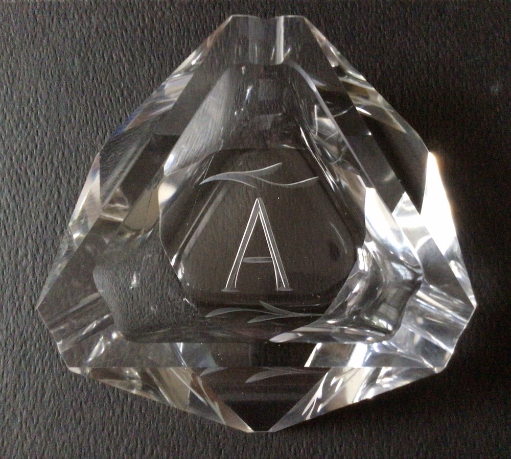Mid Century Modern 6” Geometric Triangular Crystal Ashtray Engraved No Chips