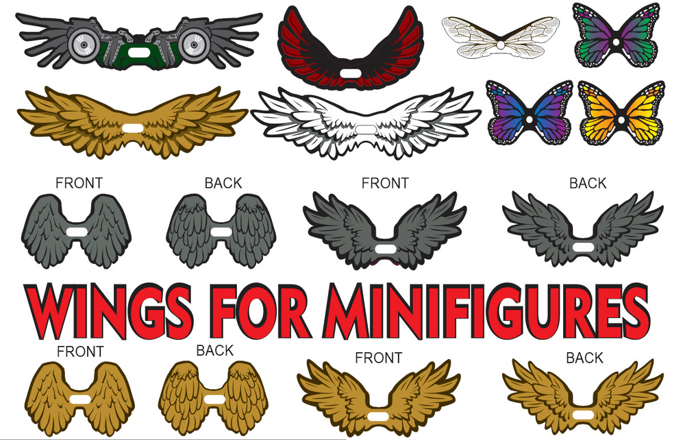 Custom cut: UV printed WINGS : Includes LEGO® Neck bracket & tile for attachment