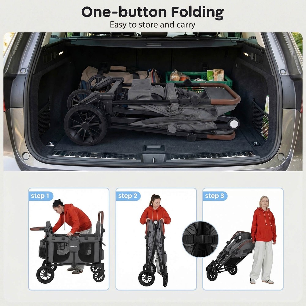 Wagon Stroller, Foldable 4-Seater Push-Pull Toddler Stroller w/Removable Canopy