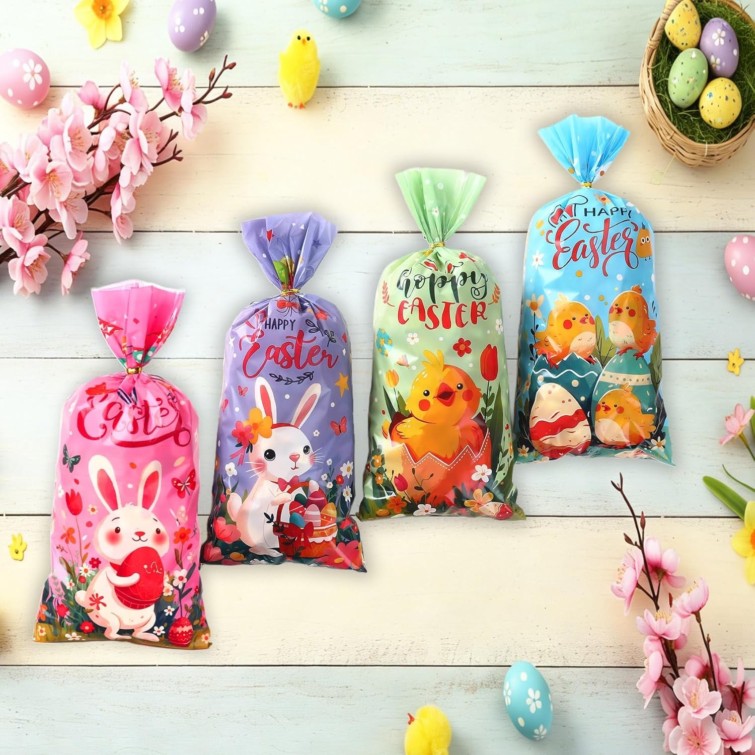 Happy Easter Treat Bags, 100Pcs Easter Cellophane Goodie Bags, Colorful Plastic