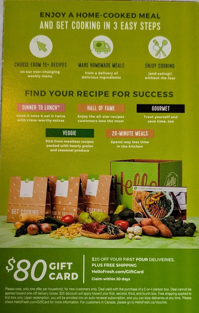Hello Fresh HelloFresh.com $80 Gift Card ($20 off first four deliveries)