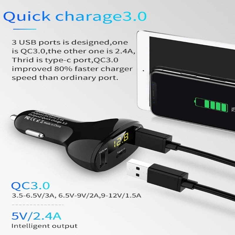 3 Port USB Car Fast Charging Safe Adapter for Phone Android iOS Type-C Charger