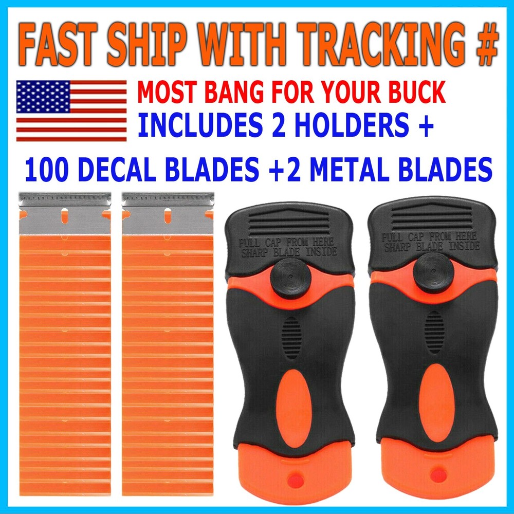 100 Pcs Plastic Razor Blades + 2 Razor Scraper Double Edged Sticker Removal Tool