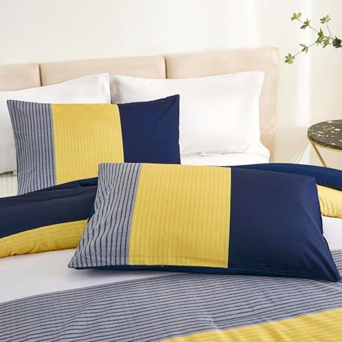 Comforter Set Queen, Reversible Blue Striped Patchwork Down Alternative