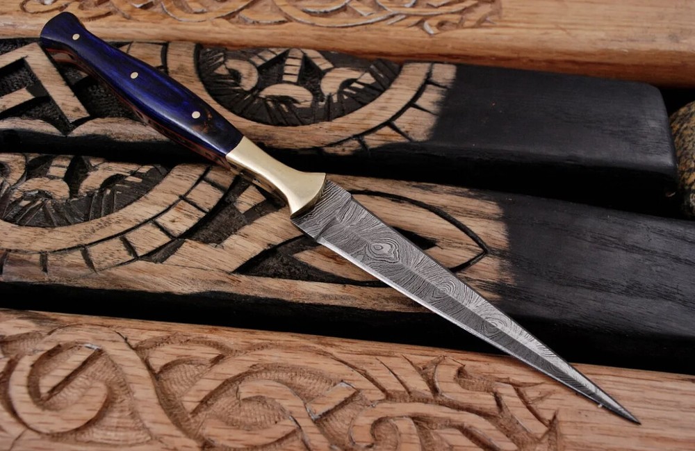 Damascus Double edged Dagger Fixed Blade Boot Knife Outdoor Hunting Throwing