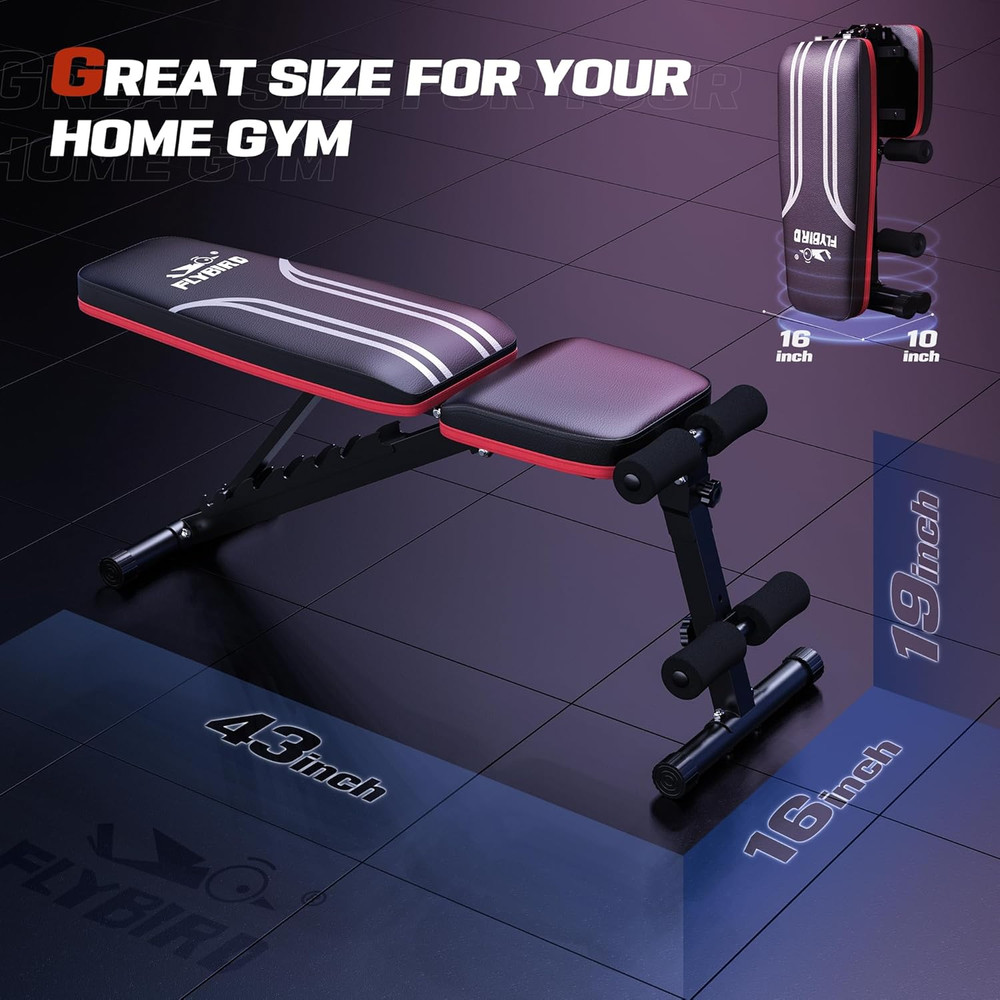 FLYBIRD Foldable Weight Bench with Resistance Bands, 8 Backrests Fast Adjustable