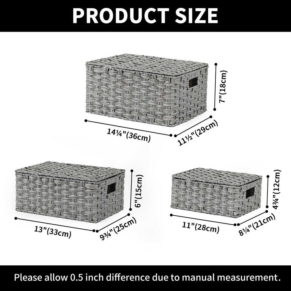 Granny Says Wicker Storage Baskets 3-Pack Gray Decorative Nested Boxes w/Lids